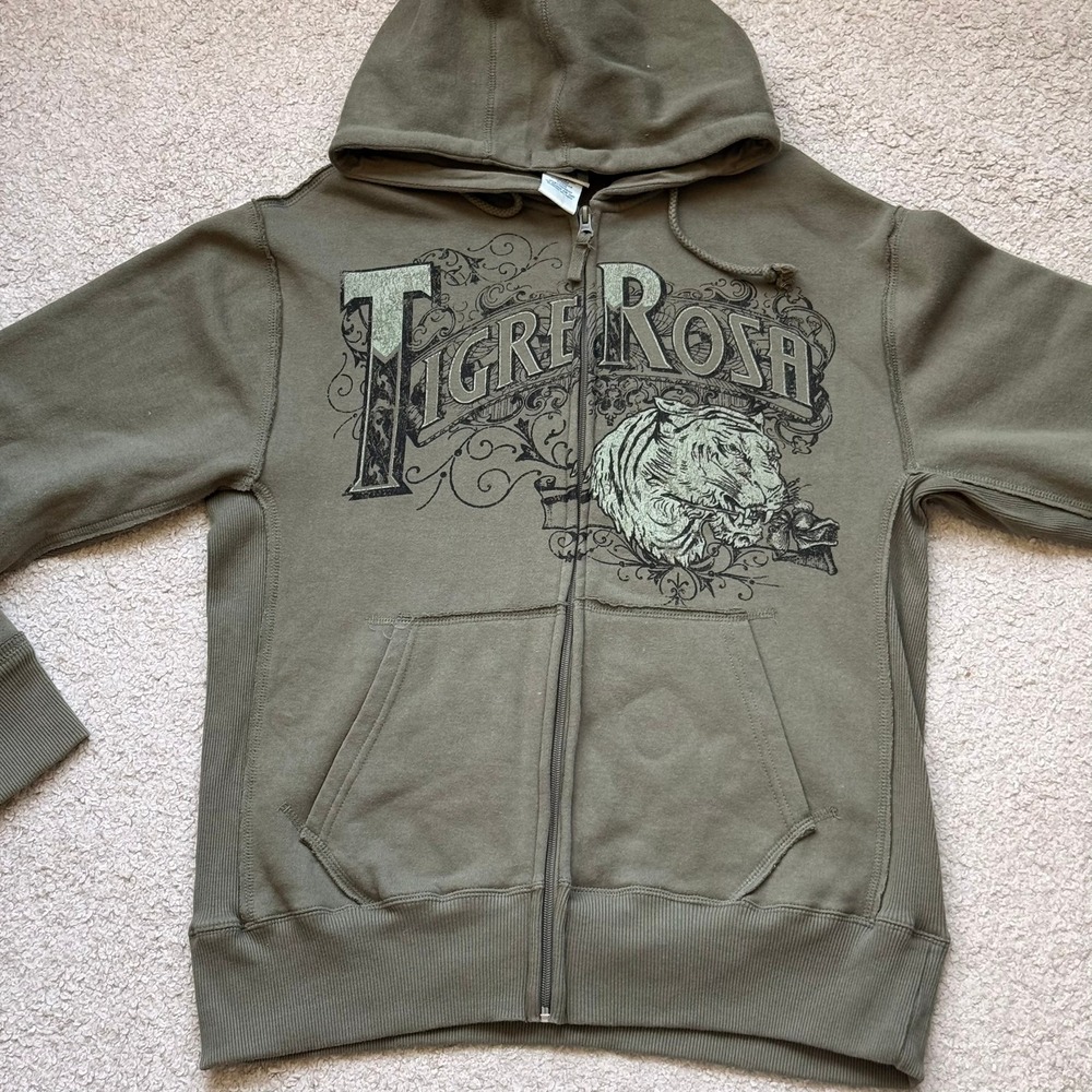 Y2K 725 Originals Tigre Rosa Graphic Zip Up Hoodie Olive Green Mens Medium